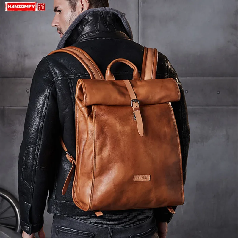 Retro art traveler first layer cowhide men's backpack large capacity backpack men bags leather outdoor hiking travel backpacks