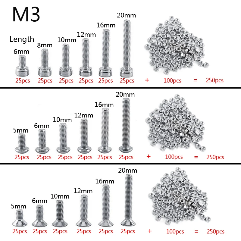 

250pc/set A2 Stainless Steel M3 Cap/Button/Flat Head Screws Sets Hex Socket Bolt With Hex Nuts Assortment Kit