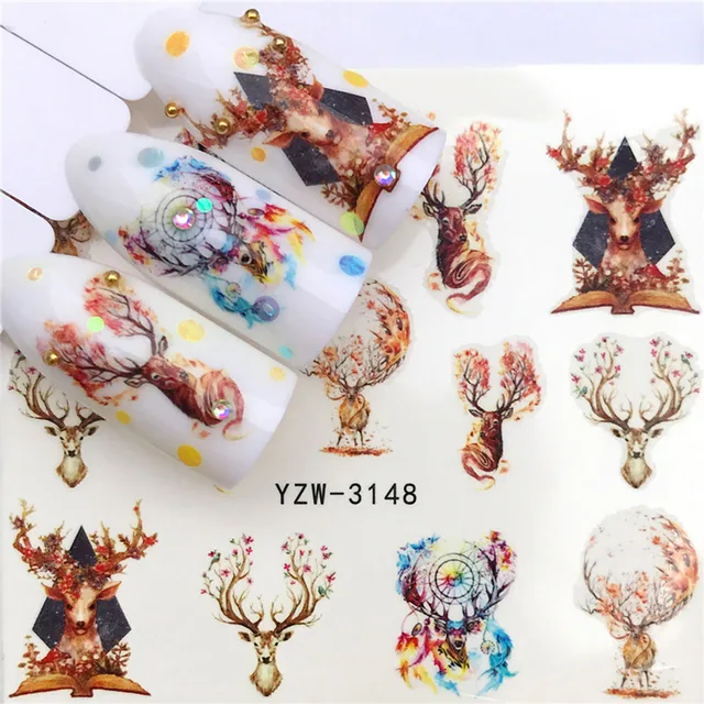 Nail Stickers Sliders For Nails Winter Sticker Elk Figure Nail Art Decorations Wolf Animal Transfer Watermark Water Slider YZW-3148