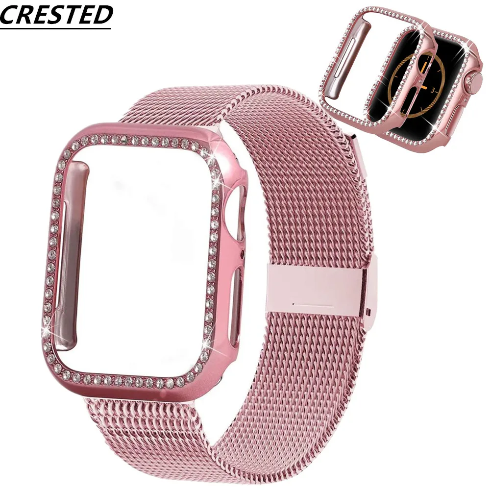

Case+strap For Apple Watch band Milanese loop Apple watch 4 3 5 44mm 40mm iWatch band 42mm 38mm Bling stainless steel bracelet