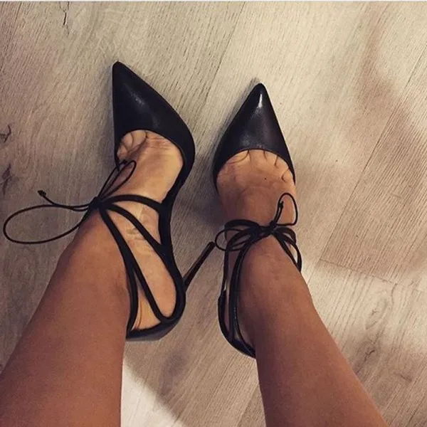 

Black Leather Pointy Toe Stiletto Heels Pumps Women Lace Up Pumps