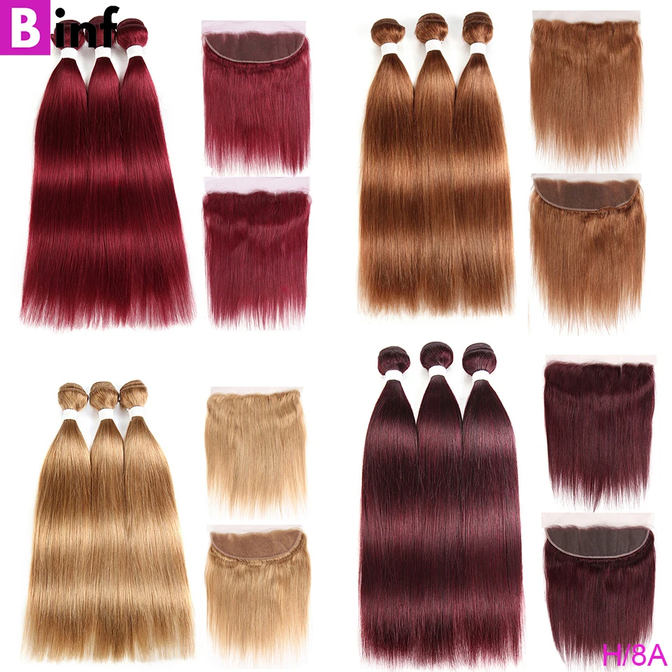 Extensiones de cabello humano peruano 99J/Burgundy 27, 30, 33, con extensiones de cabello recto Frontal Remy 13x4