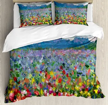 

Art Duvet Cover Set Rural Landscape with Bunch of Tulip Flower Spring Meadow Refreshing Botany Blurry Image Bedding Set