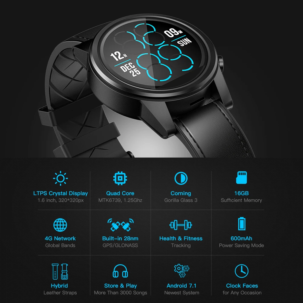 Zeblaze Thor 4 Pro 4g Smartwatch 1,6 дюймов 320*320p x 16 Гб 600 мАч gps Смарт часы спортивный кожаный ремешок часы для мужчин