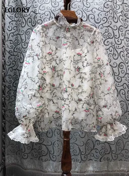 

Tops Fashion Designer Blouse Shirt 2020 Spring Summer Tops Women Ruffled Collar Charming Flower Patterns Elegant Back Bow Shirts