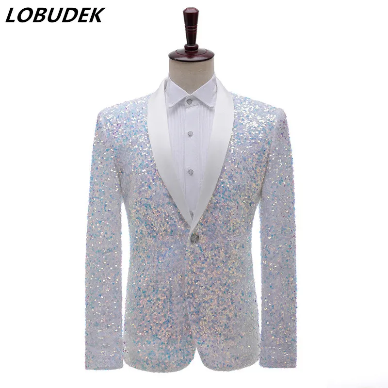 Shiny White Green Colorful Sequins Blazer Fashion Evening Party Stage Host Guest Suit Coat Nightclub Bar Singer Tuxedo Costume | Мужская