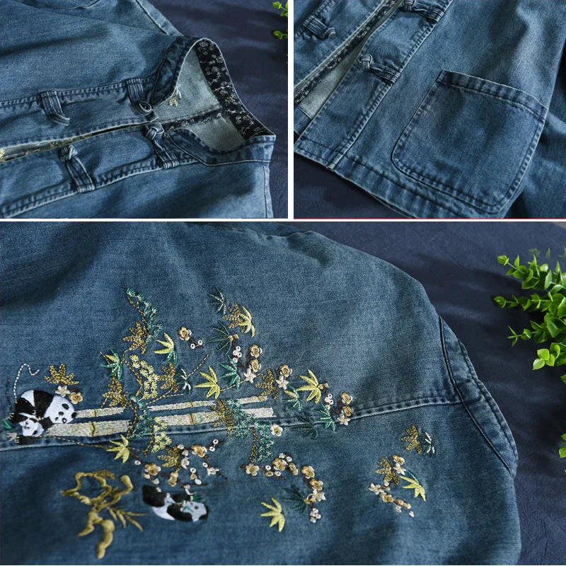 

New retro button jean jacket back embroidery art loose cardigan joker coat shirt women shirts