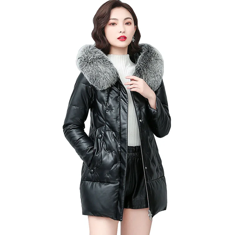 

Female Leather Down Jacket Women 2023 New Fur Collar Hoded Coat Plus Size Loose Real Sheepskin Down Thick Warm Clothing OK1292