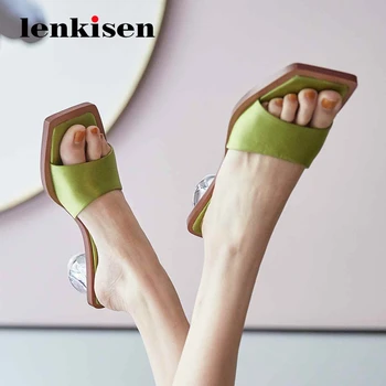 

Lenkisen new high street fashion handmade online star catwalk square toe med crystal heel slip on mules women summer sandals L45