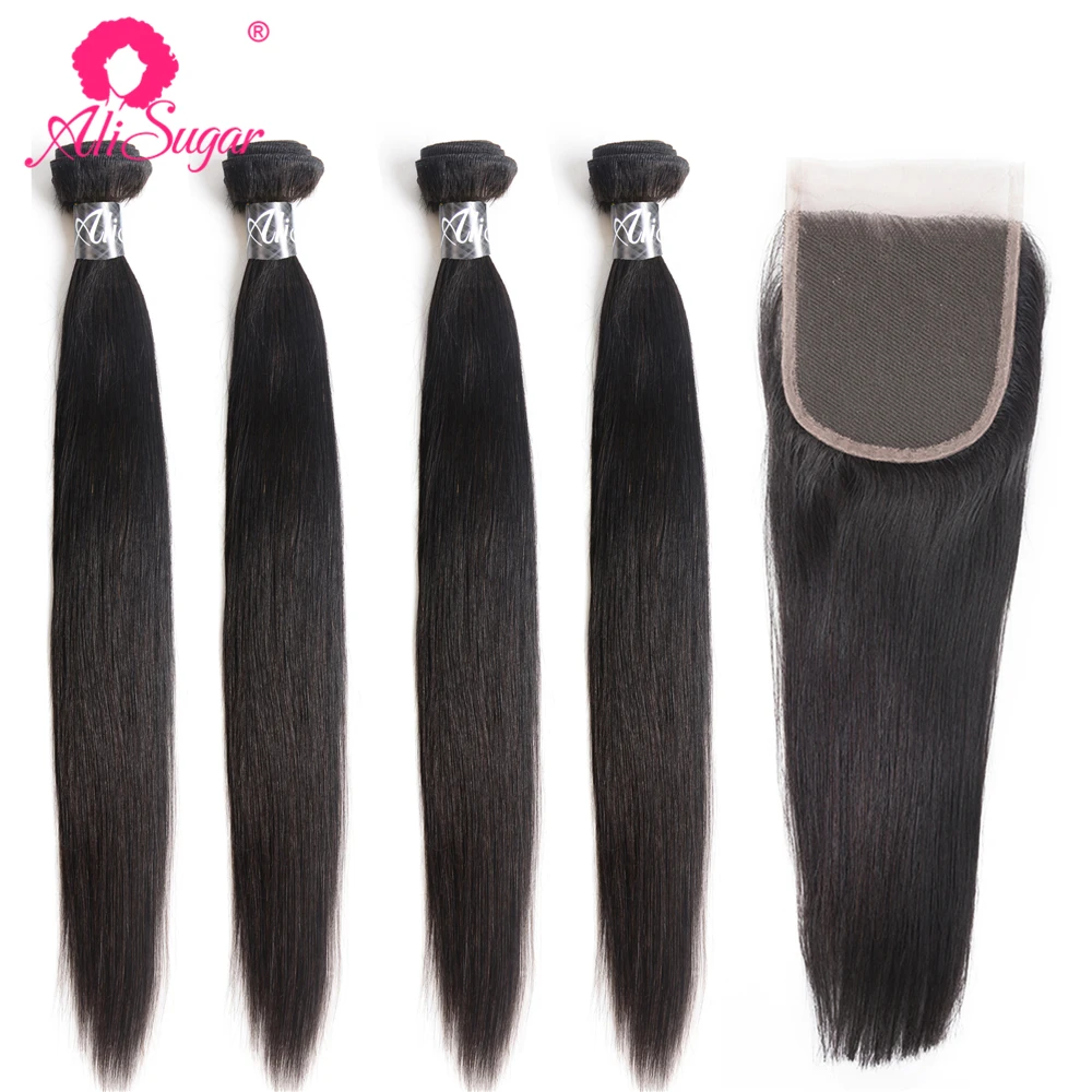 

Ali Sugar Virgin Hair Peruvian Straight 4 Bundles With Closure 4*4 Lace Natural Color 100% Raw Human Hair Extensions
