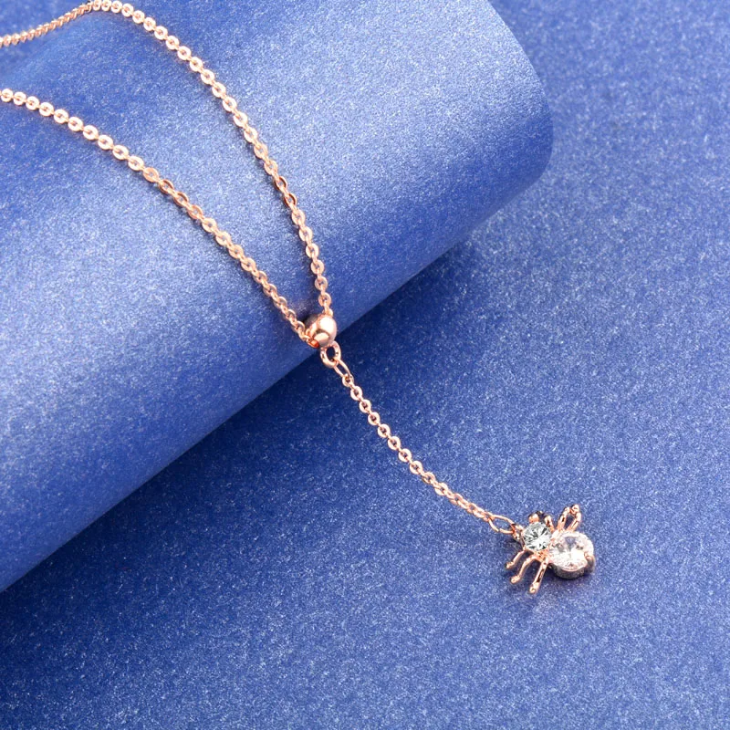 SINLEERY Cute Spider Pendant Necklace Rose Gold Color Chian Round Clear Cubic Zirconia Choker Necklace Women Jewelry XL045 SSC