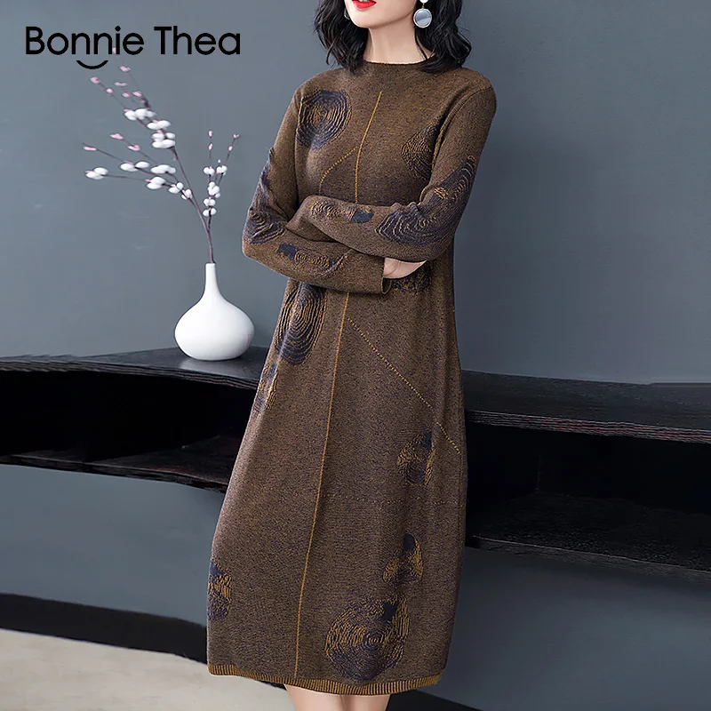 Женское зимнее вязаное платье свитер Bonnie Thea с высоким воротником для вечеринки