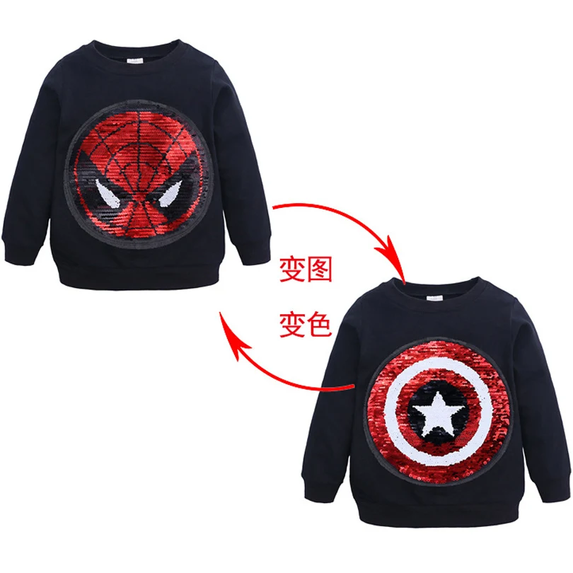 1 pcs Magic Sequin T Новогодние майки; футболка для мальчиков; детская футболка с длинными рукавами; сезон весна-осень; цветная рубашка с блестками; футболка с человеком-пауком, меняющим лицо; топы с капитаном Америкой - Цвет: 1 pcs Magic Sequin T