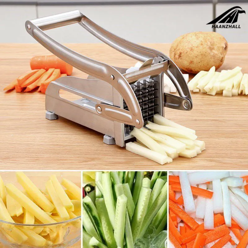 Online 2 lame In Acciaio Inox Casa Patatine Fritte di Patate Chip Striscia Taglierina Chopper Chip Strumento di Creazione di Macchina di Patate Patatine Fritte Tagliate