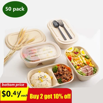 

50pack Takeaway Food Boxes Eco Friendly Paper Pulp Oil Proof Waterproof Double Grid Disposable Containers Cake Bowl with Lid