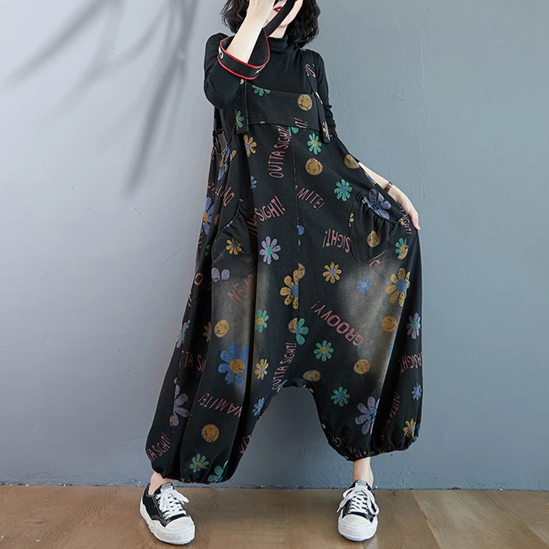Oversized Drop Crotch jean Jumpsuits Women Big Size Baggy Printed Wide Leg Overalls Cargo Denim Cross-pants Hip-Hop  Rompers
