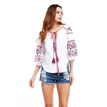 

2020 Women's Bohemian Bubble Sleeve Print T-Shirt Female Spring Summer Five-Point Sleeve V-Neck Loose Top With Ties
