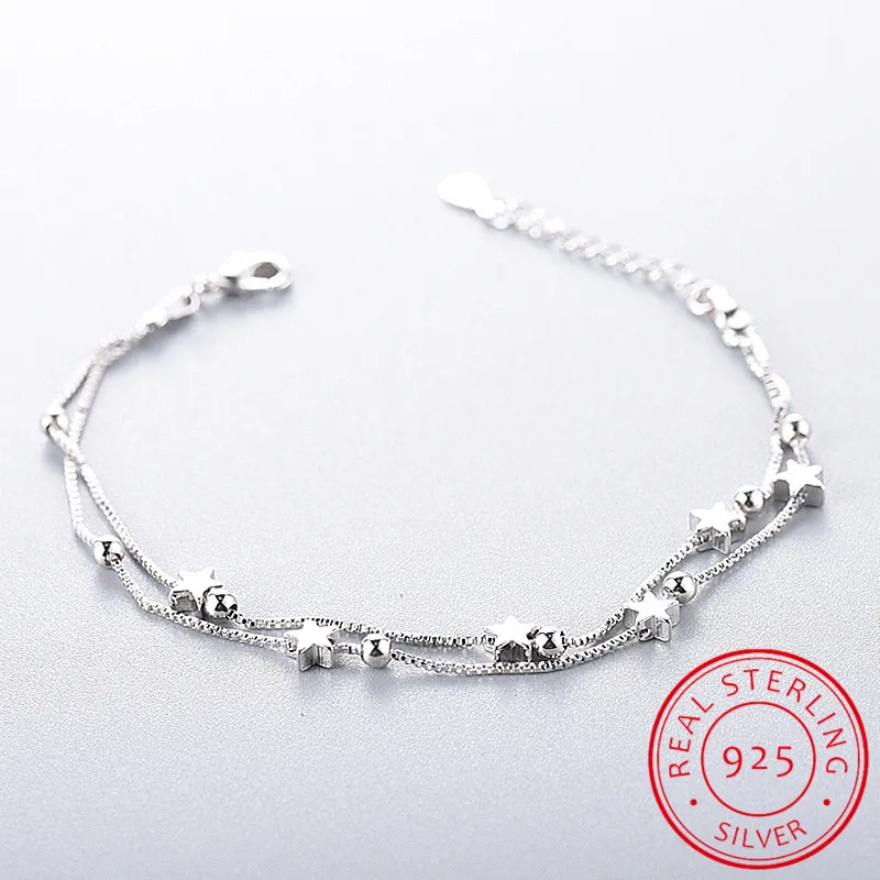 925 Sterling Silver Star Bracelets & Bangles New Fashion Silver Double Layer Chain Bracelet For Women sterling-silver-jewelry