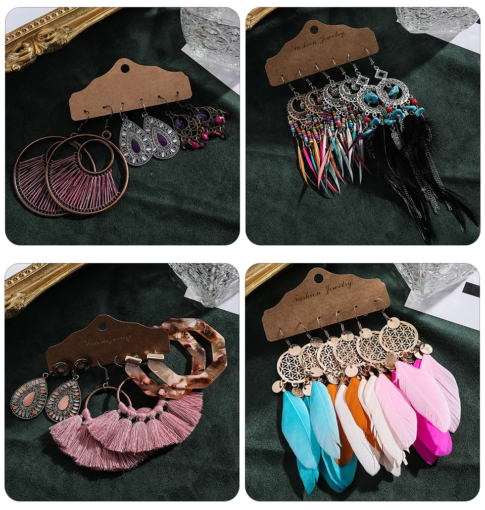 Ethnic Sundry Color Feather Tassel Earrings Sets Bundles for Women 2020 Boho Vintage Metal Water Drop Earring Jewelry Gifts Accessories Wholesale Dropshipping (245)