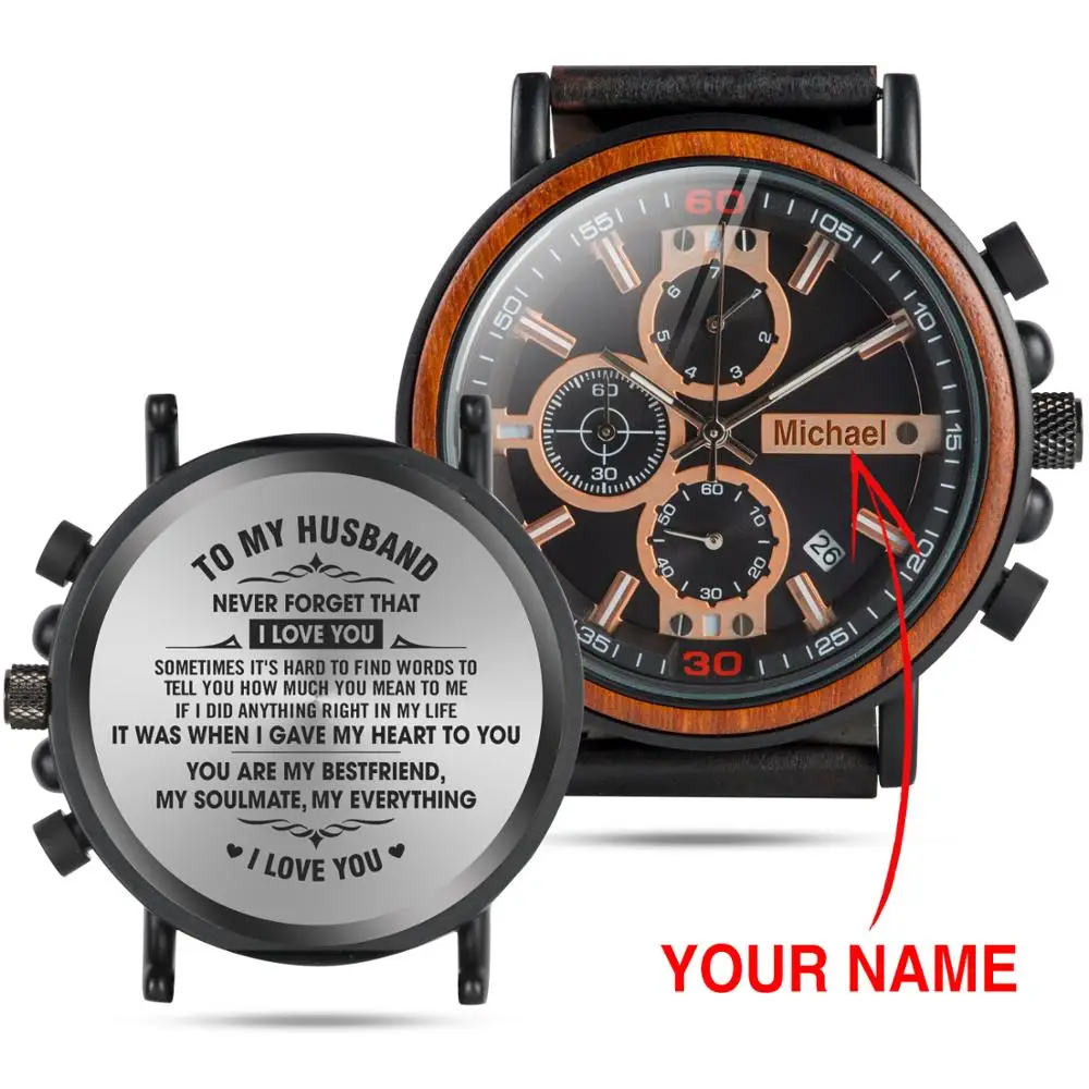 BOBOBIRD индивидуальные деревянные часы выгравировать ваш индивидуальный логотип на задней панели relogio masculino с деревянной коробкой подарки бойфренду - Цвет: To my  hushand