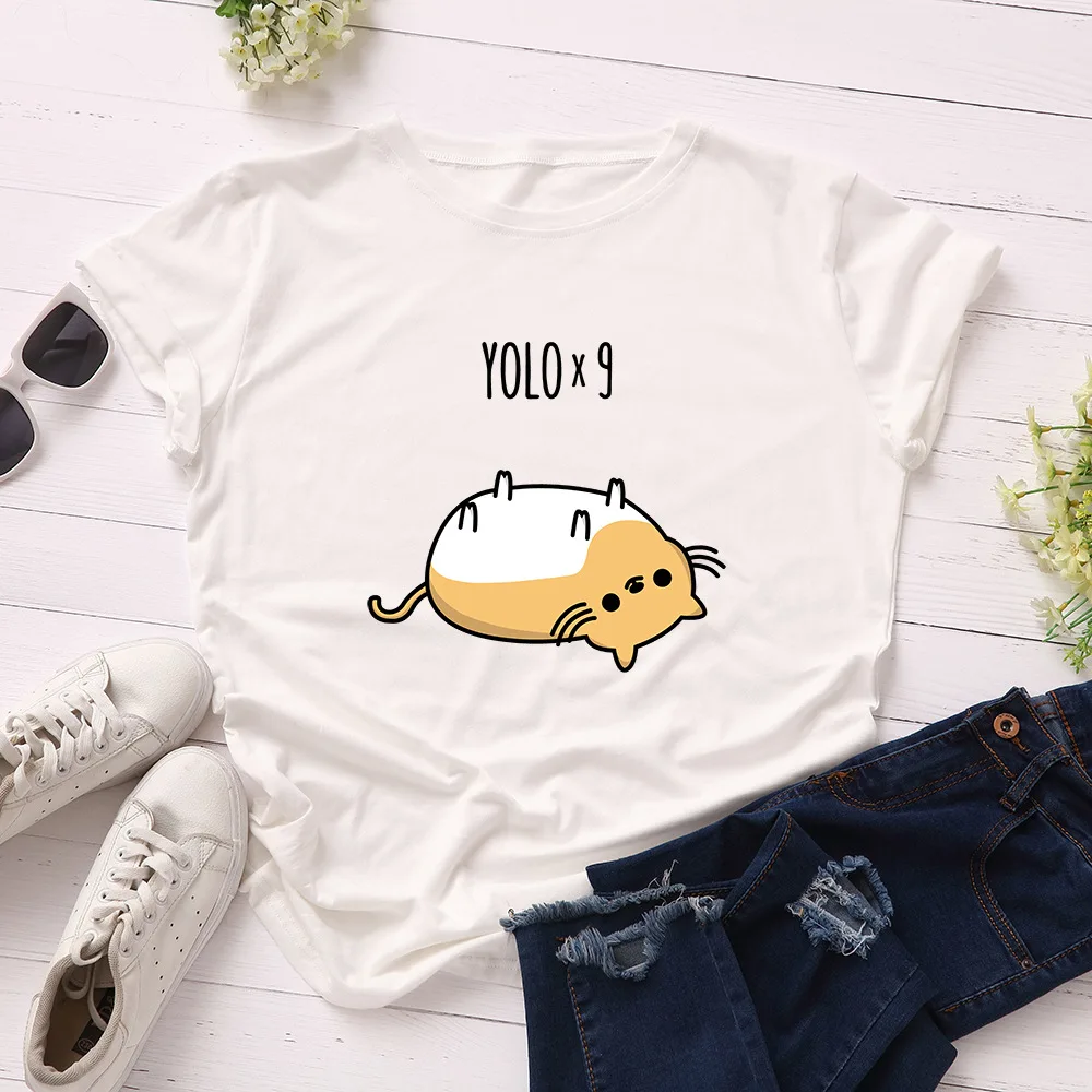 Женская футболка SINGRAIN Yoloxg Cat летняя повседневная с рисунком модная ленивого кота