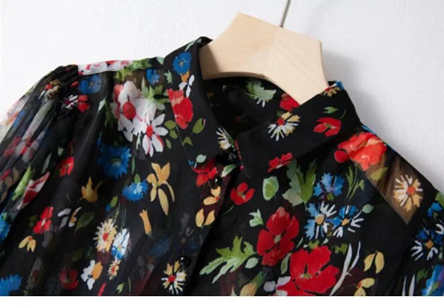 Ladies Silk & Viscose Blend Small Daisy Floral Printed Long Sleeve Lapel Blouse Shirt 4
