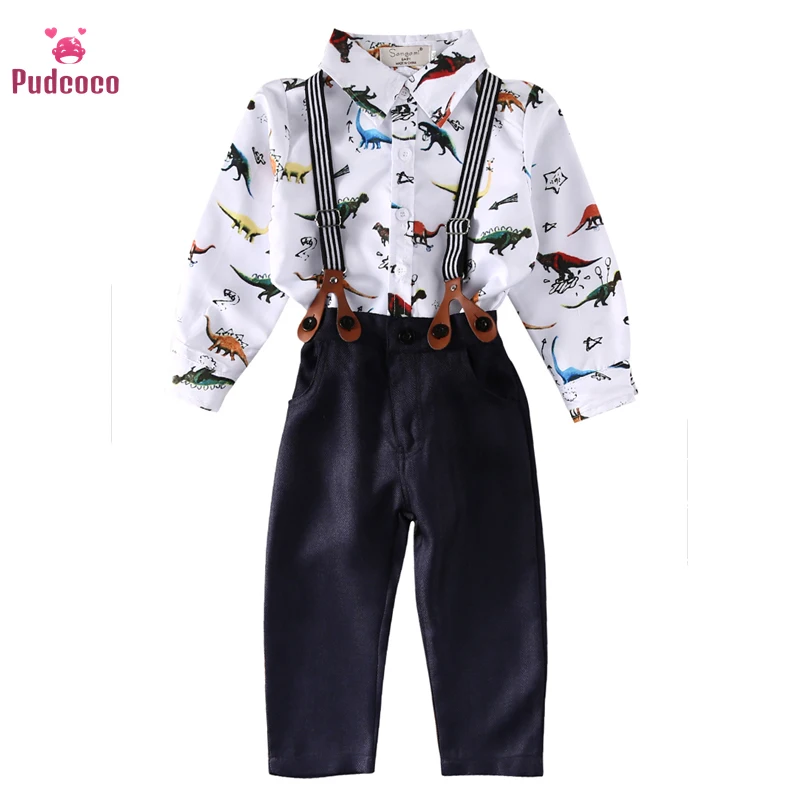 Pudcoco/комплект одежды для маленьких мальчиков, Bebe, рубашка с длинными рукавами комбинезон, детский джинсовый комбинезон на лямках для мальчиков штаны с динозавром на подтяжках