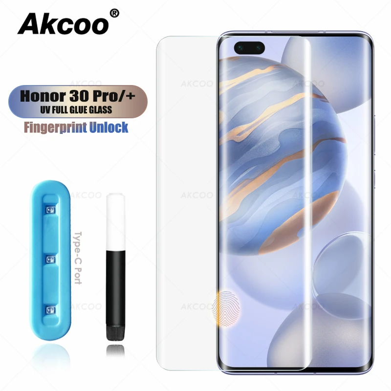 Защитное стекло Akcoo закаленное УФ с полным покрытием для Honor 30 Pro Сенсорная
