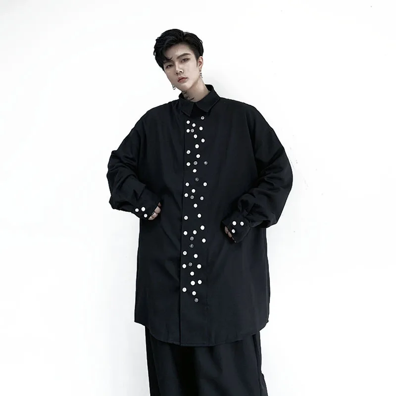 Men Long Sleve Button Design Loose Casual Black Shirt Male Japan Streetwear Hip Hop Punk Gothic Dress Stage Clothes | Мужская одежда