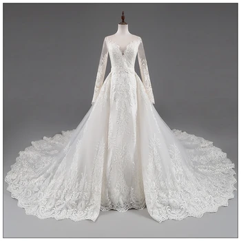 

New 2020 Round Neck Tulle Wedding Dresses Full Sleeves High Quality Lace Decor Appliques 2 In 1 Bridal Dress Vestido De Noiva