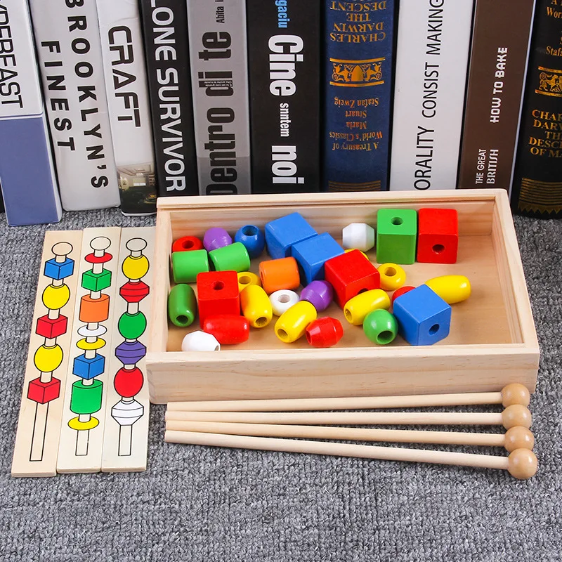 Montessori Early Learning Puzzle Beaded Box Children's Enlightenment Fine Action Training Wooden Stick Rope Wearing Toys | Игрушки и