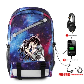 

Hip hop New Demon Slayer Kimetsu no Yaiba USB charging backpack slash with chain backpack for students Trend Fashion Backpack