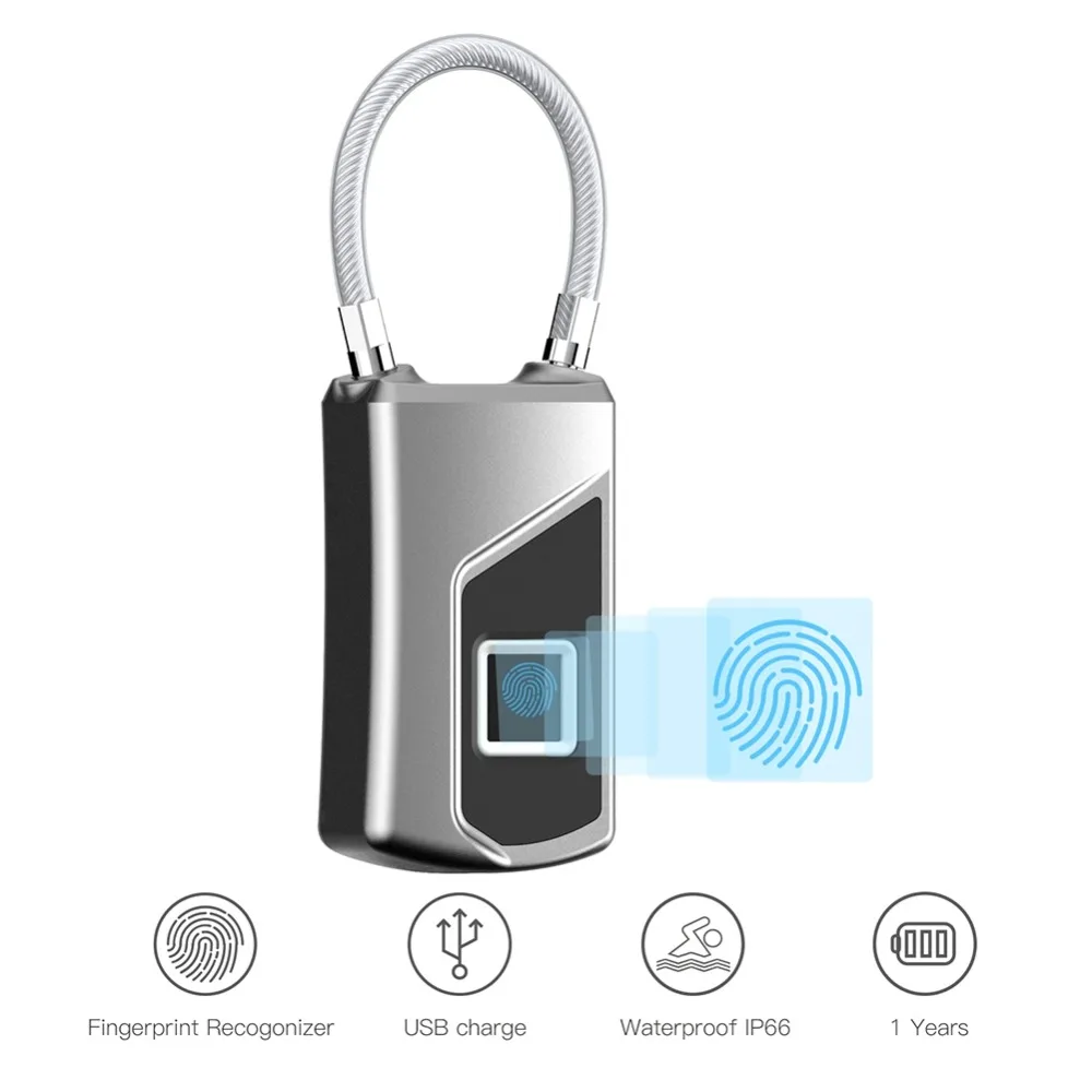 

USB Rechargeable Smart Lock Keyless Fingerprint Lock IP66 Waterproof Anti-Theft Security Padlock Door Luggage Case Lock