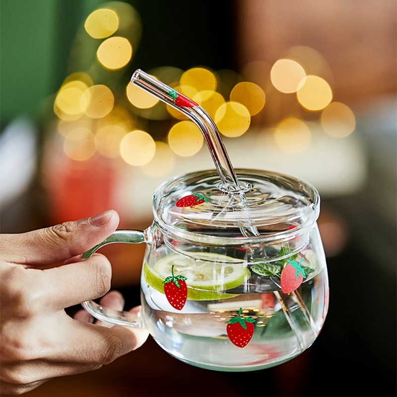 Strawberry Glass Cup with Straw Lovely Strawberry Cup Glass Tumbler with  Straw for Juice Water Milk Coffee Tea 