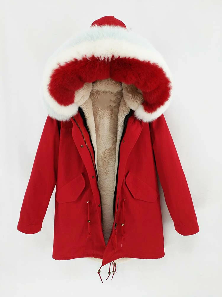 red no cuffs Женская зимняя куртка OFTBUY, с натуральным мехом лисы на воротнике и капюшоне, длинная парка, модная уличная одежда - Цвет: red no cuffs