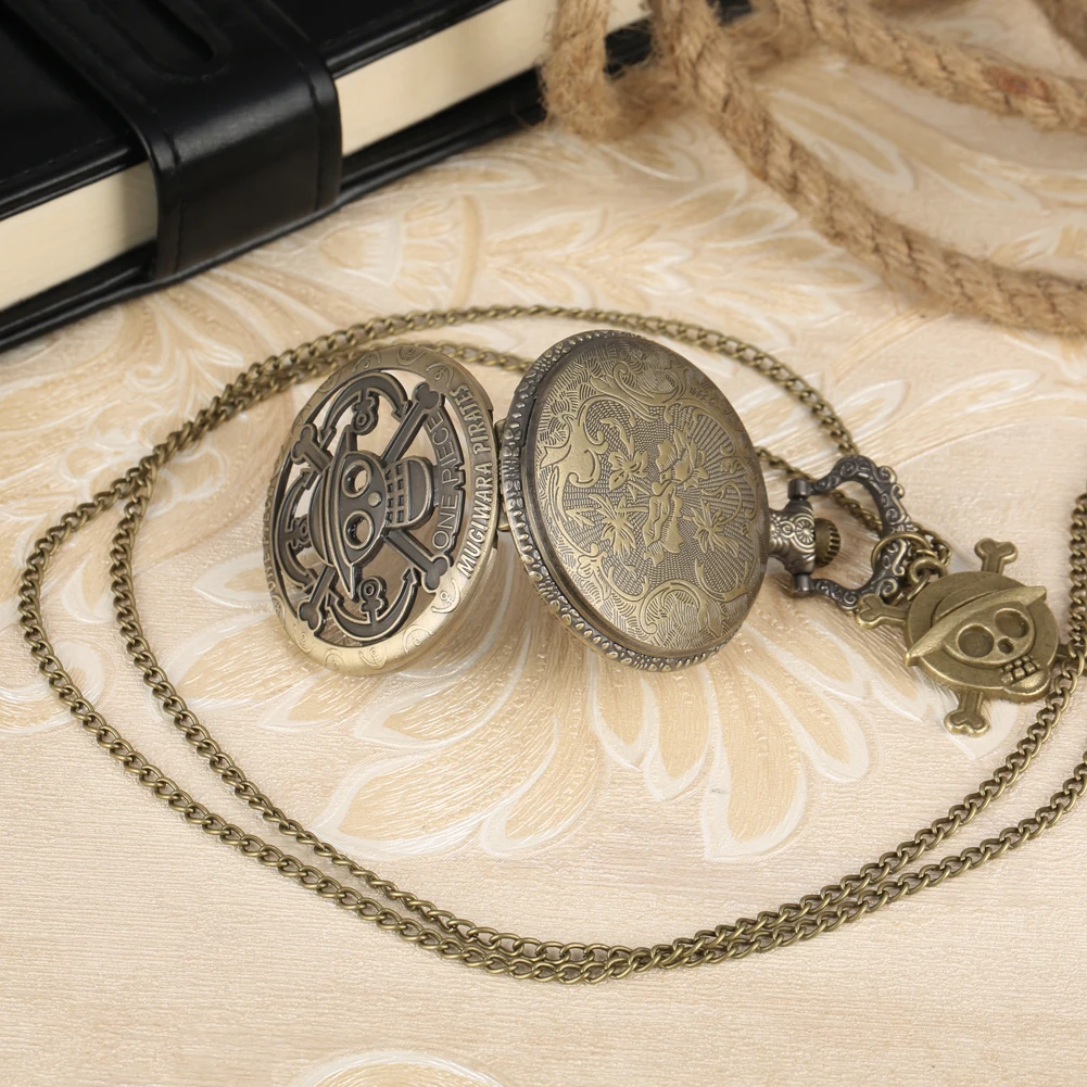 Бронзовые цельные кварцевые карманные часы для мужчин и женщин, Подвесные часы с ретро подвеской в виде пиратского черепа, ожерелье на цепочке, подарки для фанатов