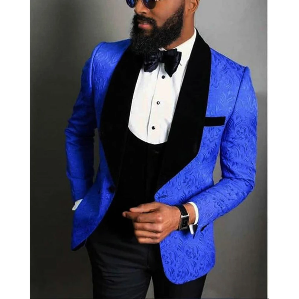 

Jackquard Floral Pattern Royal Blue Black Men Suit Custom Made Groom Tuxedo 3 Pieces (jacket +vest +pants) Prom Suits