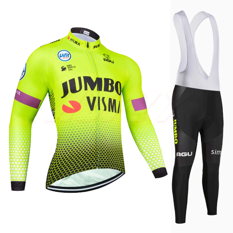 long bib sets1 Флуоресцентный зеленый JUMBO VISMA мужские и женские велосипедные Джерси Длинные комплекты Зимние флисовые теплые MTB Ropa Ciclismo комбинезон - Цвет: long bib sets1