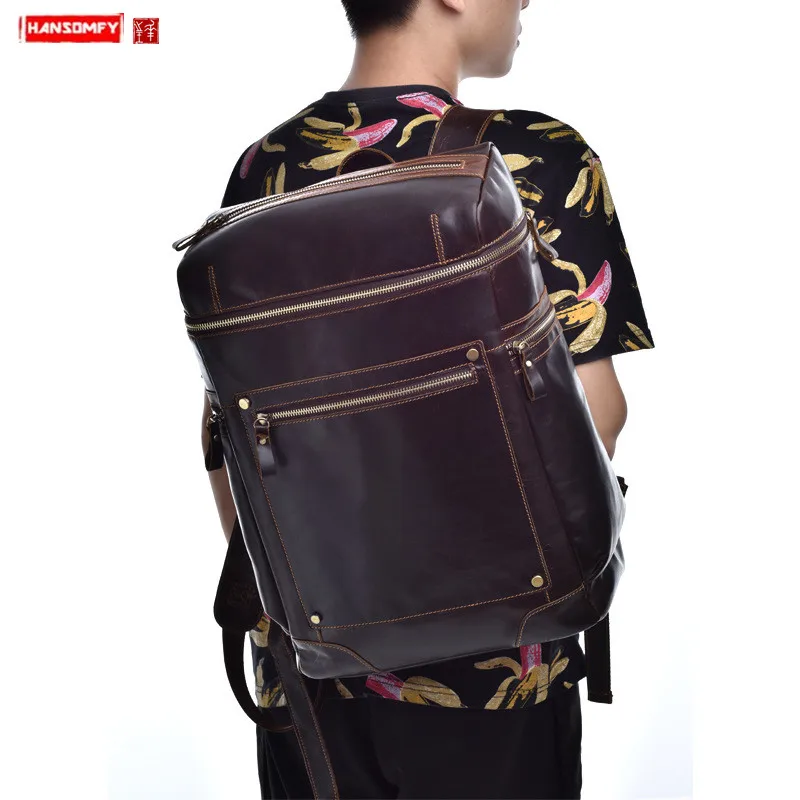 

Retro leather Men shoulder bag first layer cowhide 15.6 inch laptop backpack multi-function travel bag large capacity backpacks