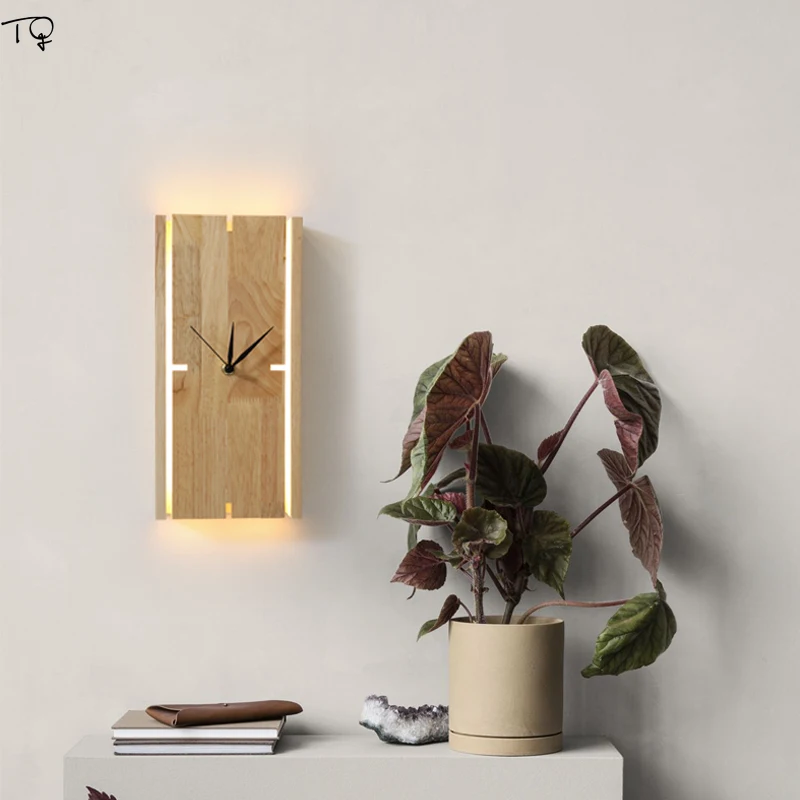 

Nordic Creative Solid Wood Clock Wall Lamp Led Circular Rectangle Individual Bedroom Lights Bedside Restaurant Home Decoration