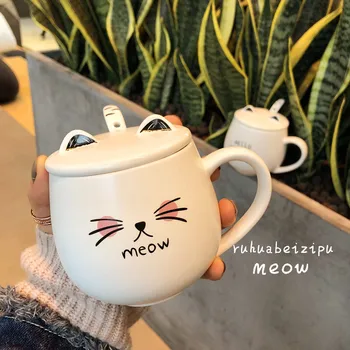 

Cute Cat Belly Cup Creative Ceramic Coffee Mug with Lid Spoon Household Breakfast Milk Cereal Cups Children' Water Drinking Mugs