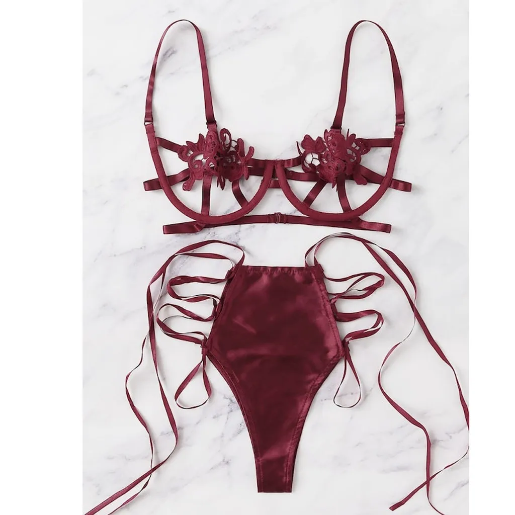 

Erotic Sexy Lingerie Women Lace Appliques Lenceria Mujer Set Porno Bandage Hollow Underwear Bra Briefs Sleepwear Set Baby Doll