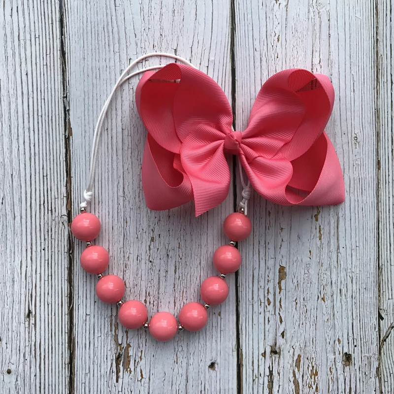 Baby Girl Accessories Solid 6inch JOJObow Clip with Handmade Adjustable Bubble Beads Necklace in Sets