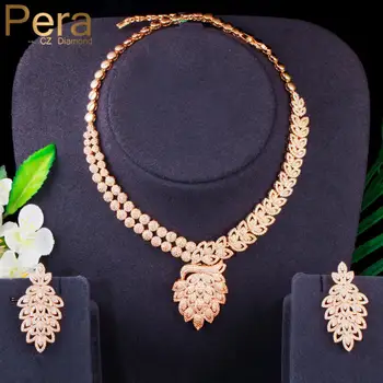 

Pera Statement Large Leaf Drop Cubic Zirconia Dubai Gold Color Necklace Earrings Set for Women Luxury Wedding Party Jewelry J390