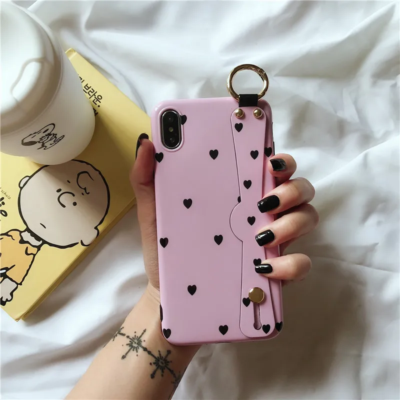 

GYKZ Love Heart Strap Stand Phone Case For iPhone 7 XR X XS MAX 8 6 6s Plus Soft IMD Silicone Back Cover For iPhone X Fundas Bag