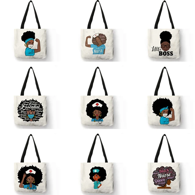 Black nurse print women totes afro ladies fashion handbag american africa girls shoulder bag shopping bags