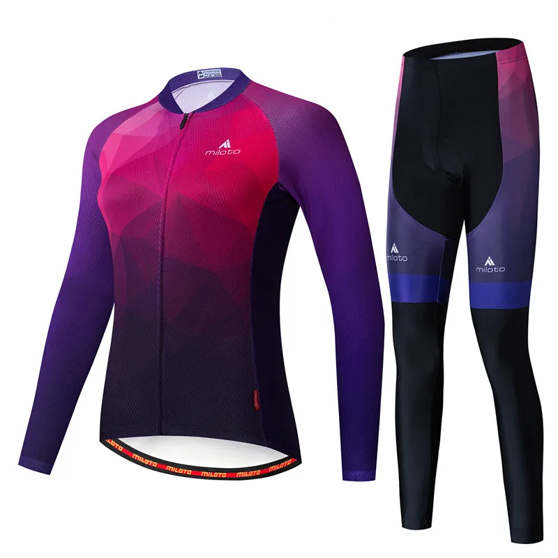 MILOTO, одежда для велоспорта, Женский комплект, осенняя велосипедная одежда, дышащая, анти-УФ, одежда для велоспорта, с длинным рукавом, наборы для велоспорта - Цвет: Purple Red3