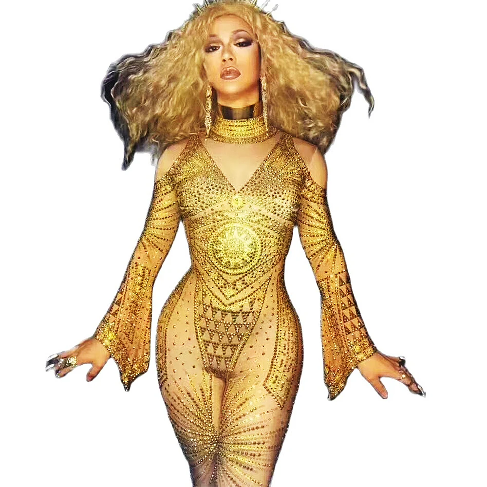 

Glisten Gold Rhinestones Women Jumpsuits Skinny Stretch Flared Sleeve Pole Dancing Costumes Nightclub Singer DS Show Stage Wear