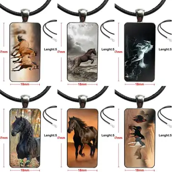 

For Women Gifts Boy Jewelry With Steel Plated Glass Cabochon Choker Long Pendant Rectangle Necklace Four Horses Running