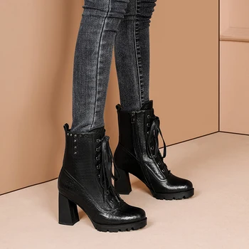 

Elegant Comfortable Genuine Leather Mid-Calf Boots Autumn Winter Thick High Heels Cross Tied Casual Shoes Woman